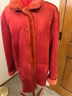 Women’s Red Teddy Faux Suede Coat with Plush Trim